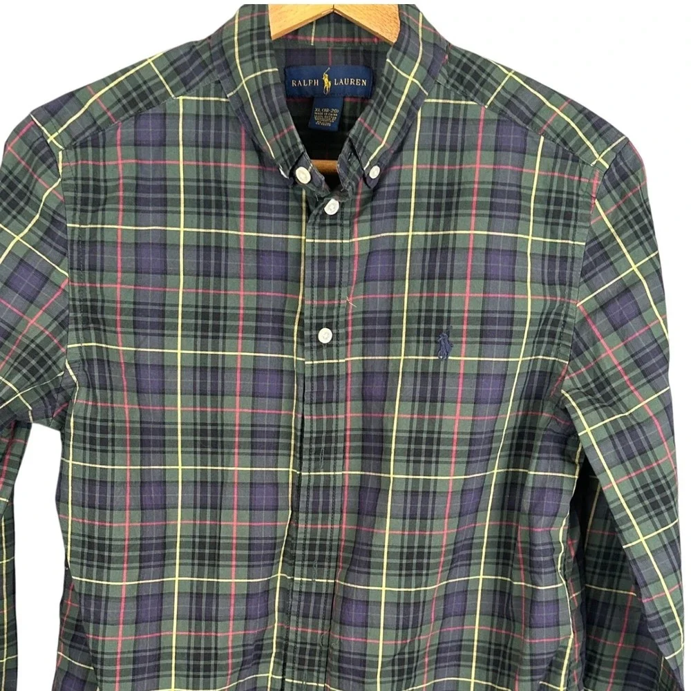 Ralph Lauren Boys XL 18-20 Green Plaid Button Down Shirt Long Sleeve Pony Logo